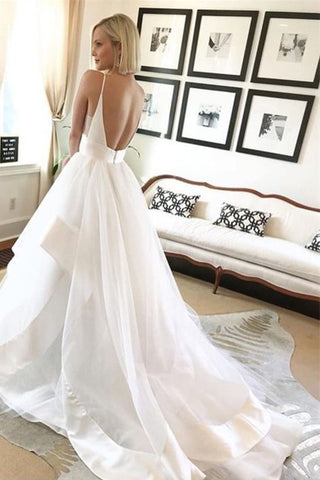 Beautiful Ball Gown V-Neck Spaghetti Straps Backless Long Wedding Dress with Train OKE23