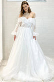 Off the Shoulder Long Sleeves White A Line Tulle Floral Wedding Dresses OK1922