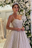 Sparkly Wedding Dress A Line Shiny Tulle Straps Beaded Long Tail Bride Gowns OKW49