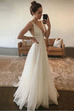 Simple Organza Beach Wedding Dress Backless Floor-Length Deep V-Neck A-line Bridal Dress OKW19