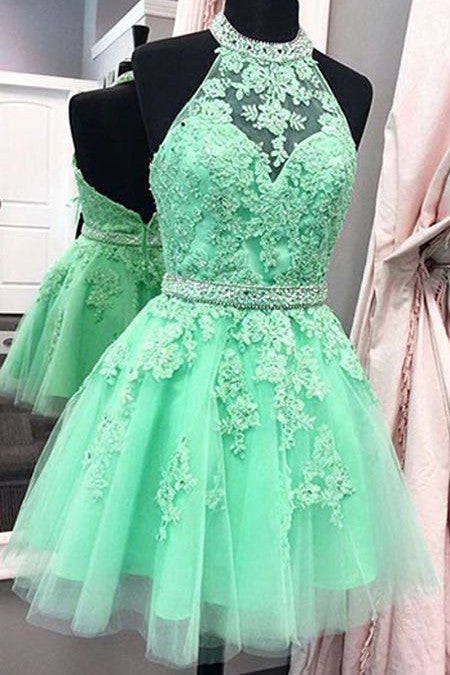 Halter Homecoming Dresses,A-Line Homecoming Dresses,Tulle Homecoming Dresses,Appliques Prom Dresses,Green Homecoming Dresses,Backless Prom Dresses,Short Prom Dress