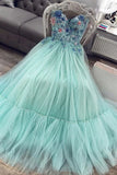 Mint Green Sweetheart Tulle Appliques A Line Long Prom Dress OK1324