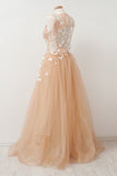 A-line Round Neck Tulle Long Prom Dress with Lace Appliques OKU29