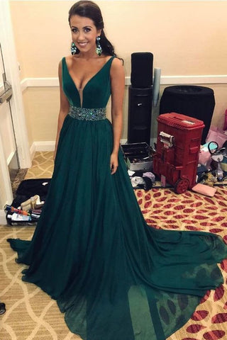 Simple V-Neck Sweep Train Dark Green Chiffon Prom Dresses with Beading OKF67