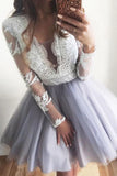 V Neck Short Gray Homecoming Dress with White Lace  Short Formal Graduation Dress OK1519