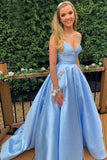 Sky Blue Cross Back Prom Dress Long Elegant V-neck Evening Dress OKW32