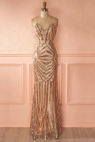 Mermaid Spaghetti Straps Rose Gold Long Simple Prom Dress with Sequins OKD75