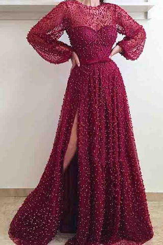 Cheap A Line Burgundy Long Sleeve Vintage Split Prom Dresses OKE95