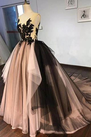 Black Lace V Neck A-line Formal Prom Dress, Long Ball Gown Evening Dress OKG34