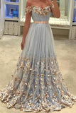 Light Blue Prom Dress,Tulle Prom Dress,Off The Shoulder Evening Gowns,,A Line Evening   Dresses,Appliques Prom Dress