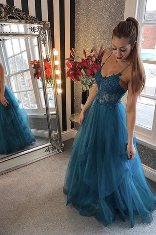 A Line Blue Tulle Lace Appliques Long Prom Dress Formal Evening Dress OK1353