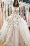 Elegant A-Line V-Neck Long Tulle Backless Wedding Dresses with Beading Appliques OK561