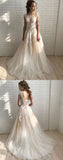 Stylish A Line Tulle Lace Long Prom Dresses,Unique Wedding Dresses OKE32