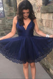 A-line V Neck Satin Navy Blue Short Homecoming Dress With Lace OKZ95