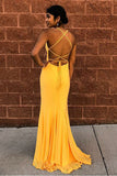 Mermaid Spaghetti Straps Floor-Length Yellow Sexy Prom Dresses OKQ67