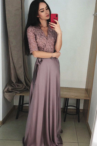 A Line V-Neck Half Sleeves Purple Long Prom Dresses with Lace Top OKF7