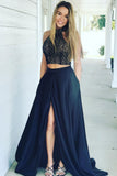 A-line Lace Bodice Navy Two Piece High Neck Prom Dress Pockets with Split OK635