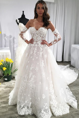 Long Sleeves Ivory Lace Appliques Backless Long Wedding Dresses with Train OKF23