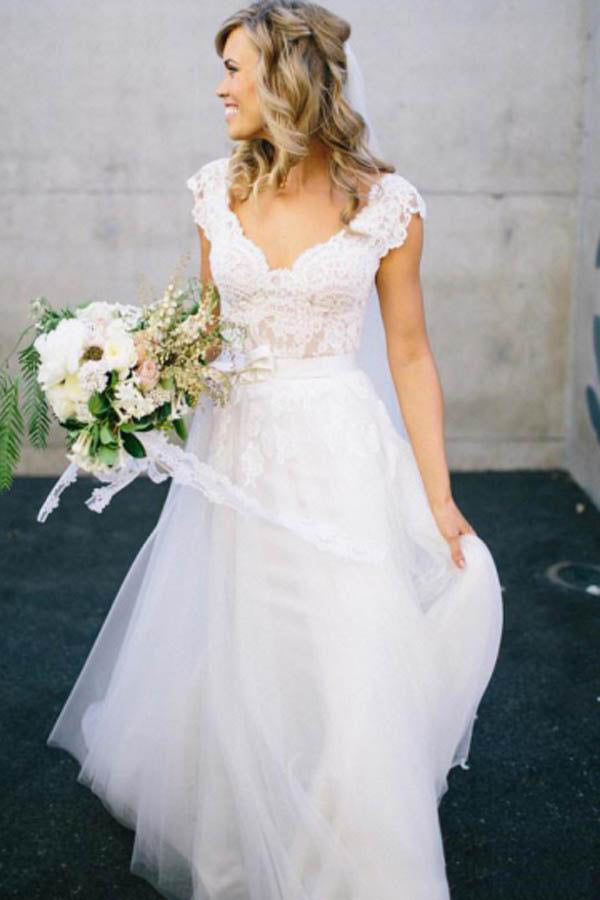 White Wedding Dress,V-Neck Wedding Dresses,Lace Wedding Dresses,Long Wedding Dresses,A-line Wedding Gown,Tulle Wedding Dress