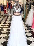 Two Piece Halter Embroidered Tulle Prom Dress Cheap A Line Long Formal Dresses OKN78