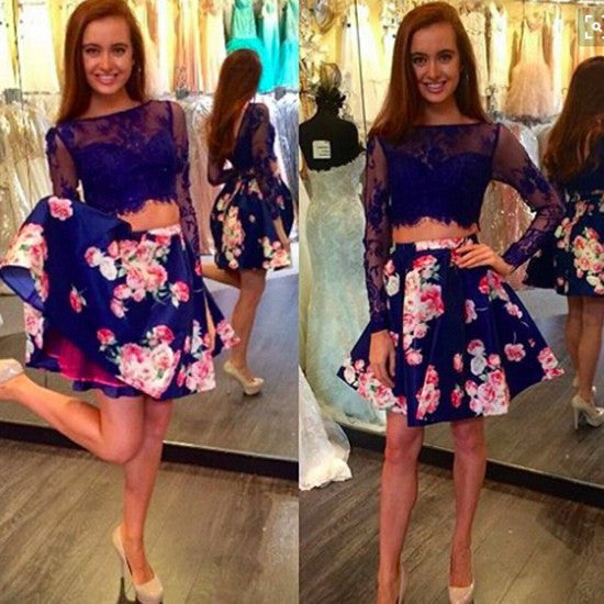 Sexy Two Piece Long Sleeves Prom/Homecoming Birthday Party Dresses Royal Blue Floral with Lace OK329
