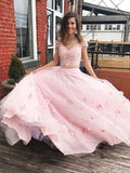 Stunning Two-piece V Neck Bridal Dress Flowers Appliqued Pink Wedding Gowns OKP91