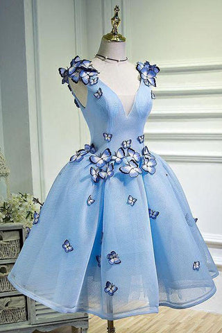 Sky Blue Butterfly Applique A Line V Neck Short Homecoming Dresses OKB67