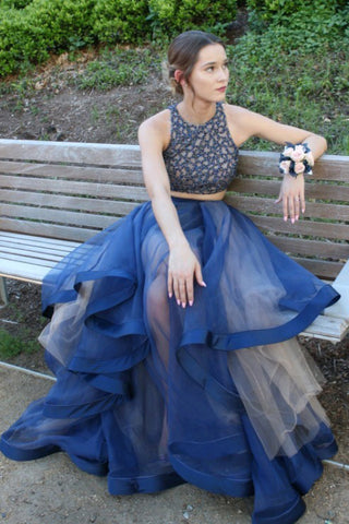 Elegant Two Pieces A-Line Blue Organza Long Prom Dress With Beads OKB20