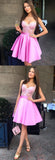 A-Line Spaghetti Straps Pink Satin Homecoming Dresses with Appliques,Cheap Short Prom Dress OKC37