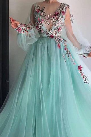 Princess Scoop Floral Appliques Long Puffy Sleeves Prom Dresses OKI31