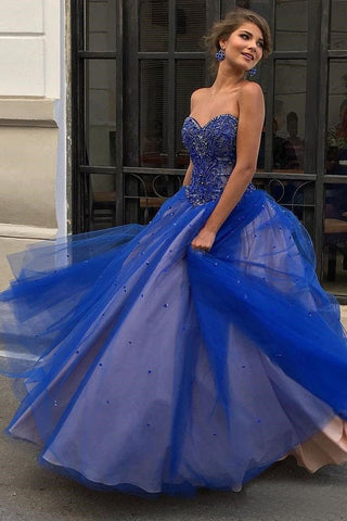 Strapless Royal Blue Prom Dress Sweetheart Ball Gowns OKO97