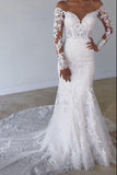 Amazing Mermaid Long Sleeves Off Shoulder Sweetheart Long Lace Appliques Wedding Dress OK1095