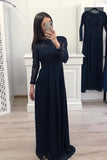 Elegant A Line Long Sleeves Chiffon Navy Blue Appliques Prom Dresses OKH58