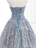 Blue and Gold Lace Ball Gown Prom Dress, Sweet 16 Princess Quinceanera Dress OKH63