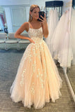 Simple Spaghetti Straps A-line Lace Appliques Tulle Long Prom Dress OKW97
