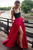 Two Piece A-Line Square Neck Fuchsia Satin Split Prom Dresses With Green Top OKF53
