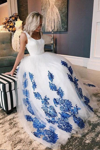 White Scoop Tulle Blue Lace Long Prom Dress, Formal Evening Dresses OKE27