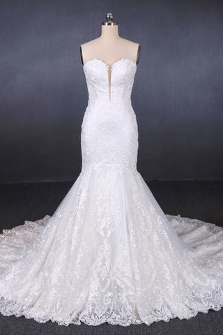 Mermaid Sweetheart Lace Appliques Long Cheap Wedding Dress OKQ10