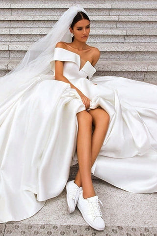 Off the Shoulder White Ball Gown Simple Wedding Dresses, Satin Bridal Gown OKQ20