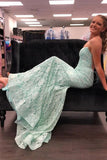 Mermaid Mint Green Lace Long Prom Dress Spaghetti Straps Evening Dress OK1367