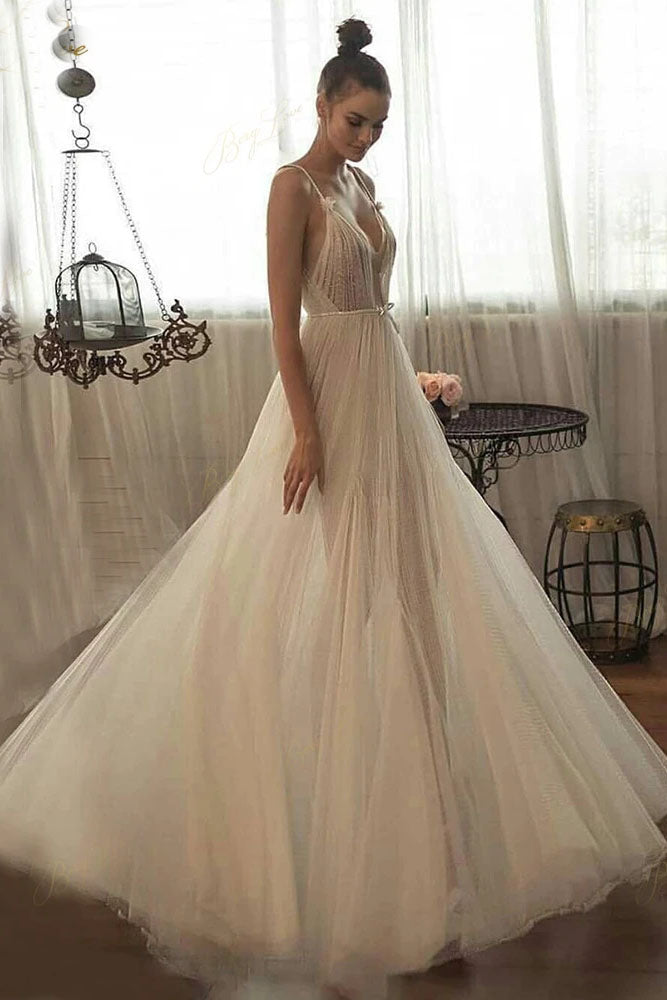 Beaded Tulle Skirt Spaghetti Straps Long Wedding Gowns Beach A-line Illusion Women Bridal Dress OKW50
