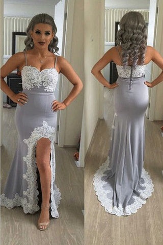 Mermaid Split Side Sexy Spaghetti Straps Lace Long Prom Dresses OKF12