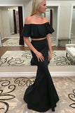 Modest Two Piece Mermaid Off-the-Shoulder Black Prom Dresses with Ruffles OK757