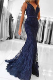 Elegant Navy Blue V Neck Long Lace Mermaid Prom Evening Dress OK613