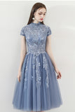 Blue A Line Tulle Cap Sleeves High Neck Homecoming Dress With Lace Appliques OKC6
