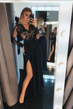 A-Line V-Neck Long Sleeves Black Split Evening Prom Dresses with Lace OKF71
