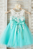 A-Line Round Neck Mint Tulle Flower Girl Dresses with Appliques OKP27