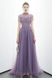 A-line Tulle Long High Neck Purple Prom Dress With Ruffles OKR86