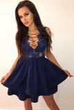 A-Line Short Tiered Navy Blue Sexy Homecoming Dresses with Appliques OKM23