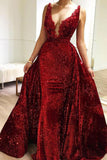 Burgundy Sequins Long V Neck Prom Dress Lace Evening Dresses OKP1